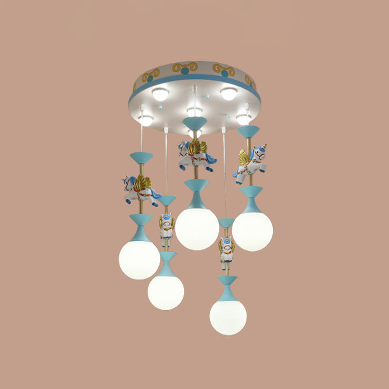 Cartoon Flying Unicorn Multi Light Pendant Resin Kindergarten Hanging Lighting with Sphere Cream Glass Shade Clearhalo 'Ceiling Lights' 'Pendant Lights' 'Pendants' Lighting' 2187788