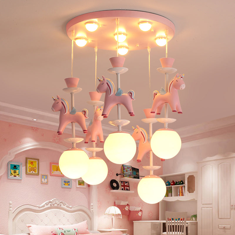 Merry-Go-Round Multi Ceiling Lamp Kids Metallic Nursery Suspension Light Fixture with Unicorn Decor 5 Pink Clearhalo 'Ceiling Lights' 'Pendant Lights' 'Pendants' Lighting' 2187793_0bef7da9-1bf0-4852-b5e9-0d7cc00d197e
