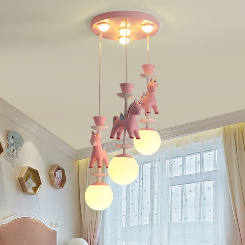 Merry-Go-Round Multi Ceiling Lamp Kids Metallic Nursery Suspension Light Fixture with Unicorn Decor 3 Pink Clearhalo 'Ceiling Lights' 'Pendant Lights' 'Pendants' Lighting' 2187797_99abe110-6a8e-42d8-9c81-62653de6d4d4