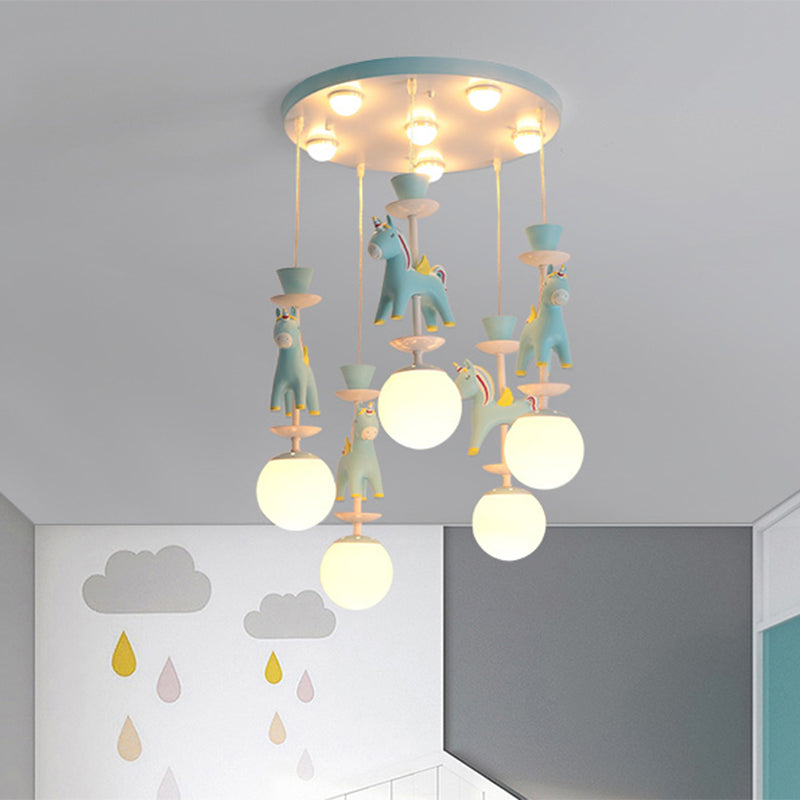 Merry-Go-Round Multi Ceiling Lamp Kids Metallic Nursery Suspension Light Fixture with Unicorn Decor 5 Blue Clearhalo 'Ceiling Lights' 'Pendant Lights' 'Pendants' Lighting' 2187799_32d3376b-34d8-46ee-876f-3c41ad44843f