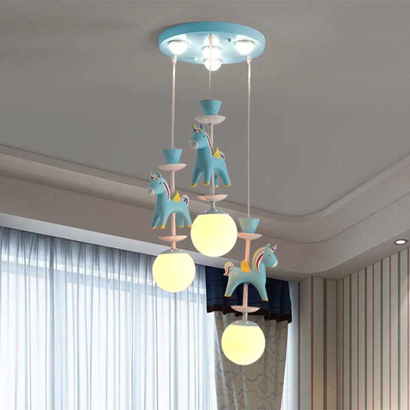 Merry-Go-Round Multi Ceiling Lamp Kids Metallic Nursery Suspension Light Fixture with Unicorn Decor 3 Blue Clearhalo 'Ceiling Lights' 'Pendant Lights' 'Pendants' Lighting' 2187801_4786283e-2af8-4c18-a6c0-fbfe577cb523