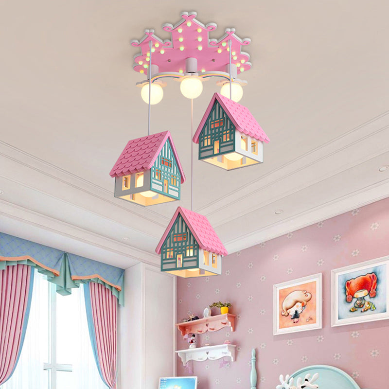 Wooden House Shaped Hanging Light Kids Style 6 Heads Multi Light Pendant for Child Room Pink Clearhalo 'Ceiling Lights' 'Pendant Lights' 'Pendants' Lighting' 2187803_46b2713d-4f57-4366-9a86-bfbd621e3a11