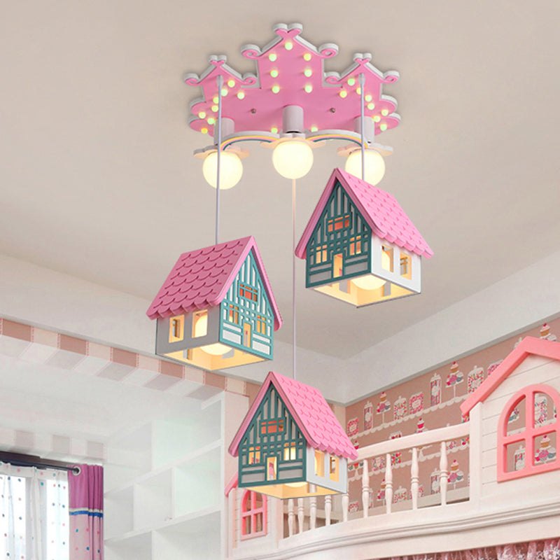 Wooden House Shaped Hanging Light Kids Style 6 Heads Multi Light Pendant for Child Room Clearhalo 'Ceiling Lights' 'Pendant Lights' 'Pendants' Lighting' 2187804