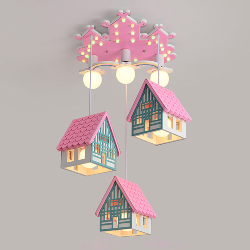 Wooden House Shaped Hanging Light Kids Style 6 Heads Multi Light Pendant for Child Room Clearhalo 'Ceiling Lights' 'Pendant Lights' 'Pendants' Lighting' 2187805