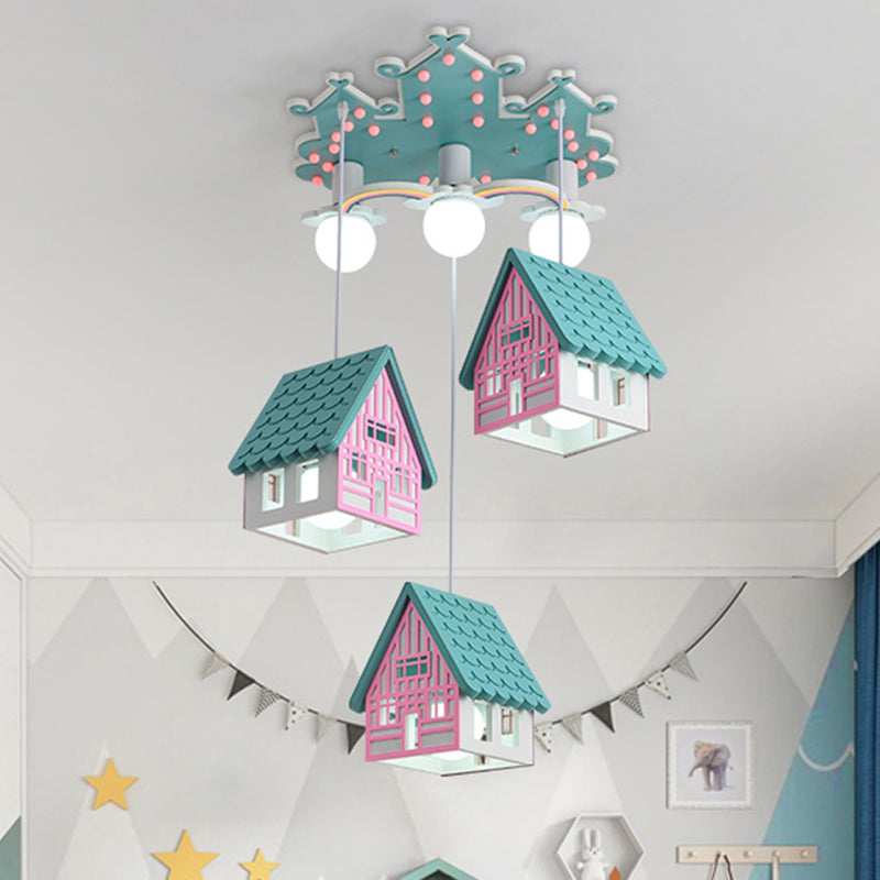 Wooden House Shaped Hanging Light Kids Style 6 Heads Multi Light Pendant for Child Room Green Clearhalo 'Ceiling Lights' 'Pendant Lights' 'Pendants' Lighting' 2187806_e5e81211-e32e-408f-8a03-4ad2abe9d7a8
