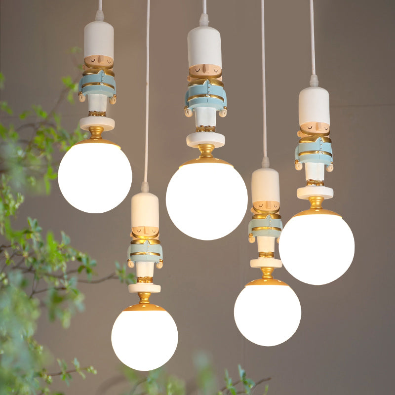 Sphere Shade Bedroom Multi Ceiling Light Cream Glass Kids Multi Light Pendant with Decorative Figurine Clearhalo 'Ceiling Lights' 'Close To Ceiling Lights' 'Glass shade' 'Glass' 'Pendant Lights' 'Pendants' Lighting' 2187811
