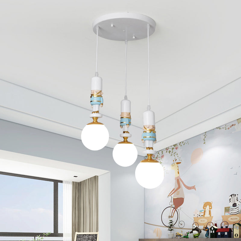 Sphere Shade Bedroom Multi Ceiling Light Cream Glass Kids Multi Light Pendant with Decorative Figurine 3 White Clearhalo 'Ceiling Lights' 'Close To Ceiling Lights' 'Glass shade' 'Glass' 'Pendant Lights' 'Pendants' Lighting' 2187815