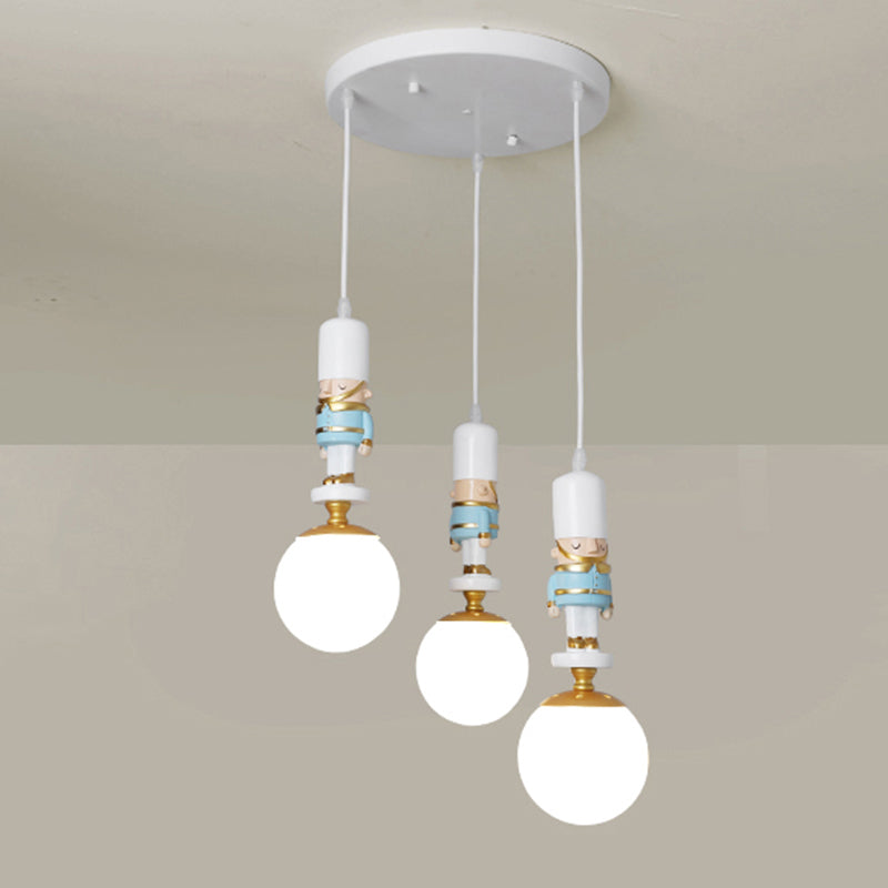 Sphere Shade Bedroom Multi Ceiling Light Cream Glass Kids Multi Light Pendant with Decorative Figurine Clearhalo 'Ceiling Lights' 'Close To Ceiling Lights' 'Glass shade' 'Glass' 'Pendant Lights' 'Pendants' Lighting' 2187816