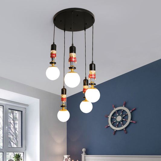 Sphere Shade Bedroom Multi Ceiling Light Cream Glass Kids Multi Light Pendant with Decorative Figurine 5 Black Clearhalo 'Ceiling Lights' 'Close To Ceiling Lights' 'Glass shade' 'Glass' 'Pendant Lights' 'Pendants' Lighting' 2187817