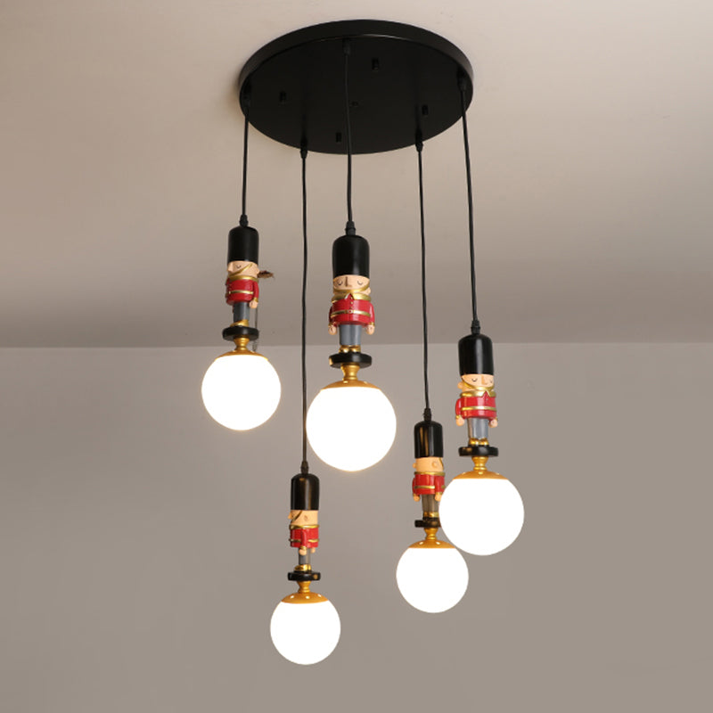 Sphere Shade Bedroom Multi Ceiling Light Cream Glass Kids Multi Light Pendant with Decorative Figurine Clearhalo 'Ceiling Lights' 'Close To Ceiling Lights' 'Glass shade' 'Glass' 'Pendant Lights' 'Pendants' Lighting' 2187818