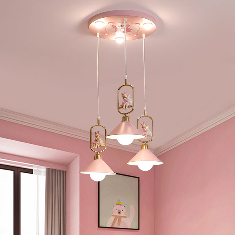 Cartoon Cone Shade Multi Ceiling Light Metallic 6 Bulbs Nursery Suspension Lighting with Resin Figurine in Pink Pink Clearhalo 'Ceiling Lights' 'Pendant Lights' 'Pendants' Lighting' 2187822_a0441088-03b5-40bc-9e12-6f43f161d98c
