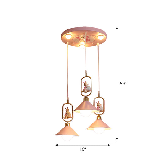 Cartoon Cone Shade Multi Ceiling Light Metallic 6 Bulbs Nursery Suspension Lighting with Resin Figurine in Pink Clearhalo 'Ceiling Lights' 'Pendant Lights' 'Pendants' Lighting' 2187826