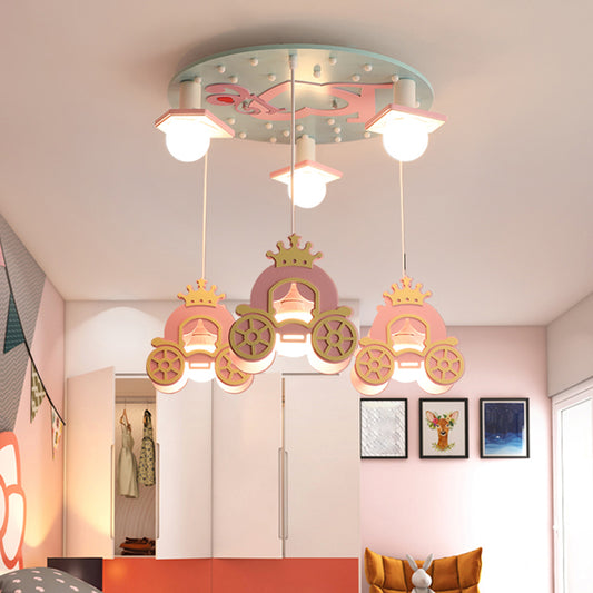 Princess Carriage Ceiling Light Wooden Kids 6 Heads Bedroom Multi Lamp Pendant Light in Pink Clearhalo 'Ceiling Lights' 'Pendant Lights' 'Pendants' Lighting' 2187830