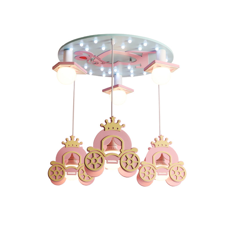 Princess Carriage Ceiling Light Wooden Kids 6 Heads Bedroom Multi Lamp Pendant Light in Pink Clearhalo 'Ceiling Lights' 'Pendant Lights' 'Pendants' Lighting' 2187831