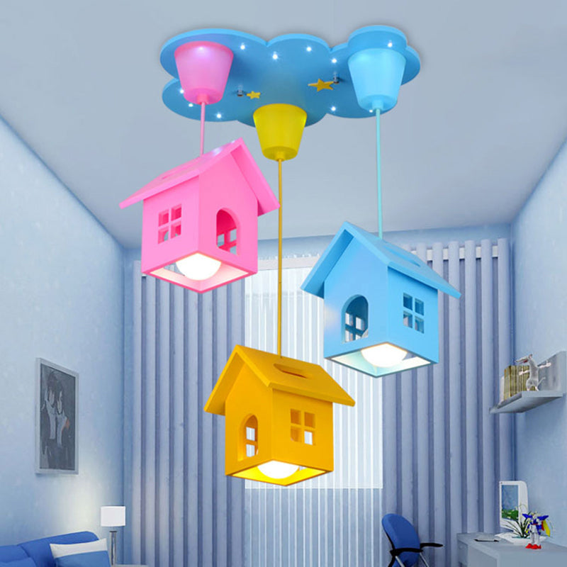 Blue House Shaped Hanging Light Kids 3 Bulbs Wooden Multi Light Pendant for Nursery Clearhalo 'Ceiling Lights' 'Pendant Lights' 'Pendants' Lighting' 2187843