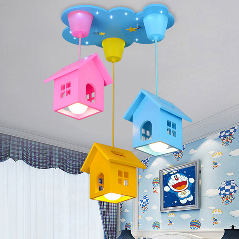 Blue House Shaped Hanging Light Kids 3 Bulbs Wooden Multi Light Pendant for Nursery Clearhalo 'Ceiling Lights' 'Pendant Lights' 'Pendants' Lighting' 2187844