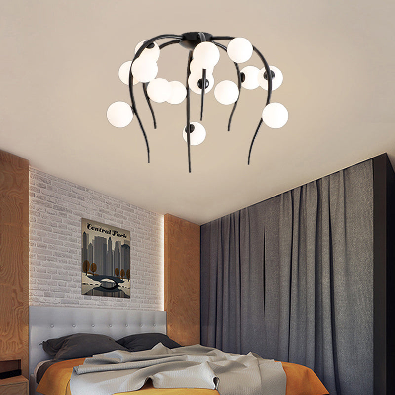 15/20 Lights Living Room Ceiling Flush Mount Globe Milk White Glass Black/Gold Flush Lamp with Weeping Branch Design 15 Black Clearhalo 'Ceiling Lights' 'Close To Ceiling Lights' 'Close to ceiling' 'Semi-flushmount' Lighting' 218822