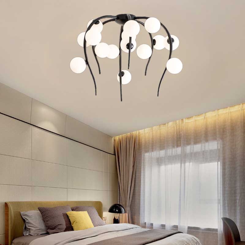 15/20 Lights Living Room Ceiling Flush Mount Globe Milk White Glass Black/Gold Flush Lamp with Weeping Branch Design Clearhalo 'Ceiling Lights' 'Close To Ceiling Lights' 'Close to ceiling' 'Semi-flushmount' Lighting' 218823