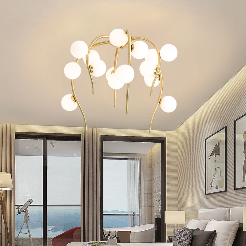 15/20 Lights Living Room Ceiling Flush Mount Globe Milk White Glass Black/Gold Flush Lamp with Weeping Branch Design Clearhalo 'Ceiling Lights' 'Close To Ceiling Lights' 'Close to ceiling' 'Semi-flushmount' Lighting' 218825