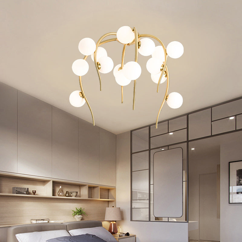 15/20 Lights Living Room Ceiling Flush Mount Globe Milk White Glass Black/Gold Flush Lamp with Weeping Branch Design Clearhalo 'Ceiling Lights' 'Close To Ceiling Lights' 'Close to ceiling' 'Semi-flushmount' Lighting' 218826