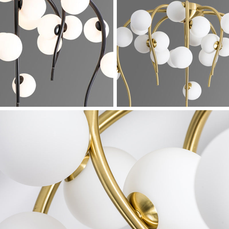 15/20 Lights Living Room Ceiling Flush Mount Globe Milk White Glass Black/Gold Flush Lamp with Weeping Branch Design Clearhalo 'Ceiling Lights' 'Close To Ceiling Lights' 'Close to ceiling' 'Semi-flushmount' Lighting' 218831