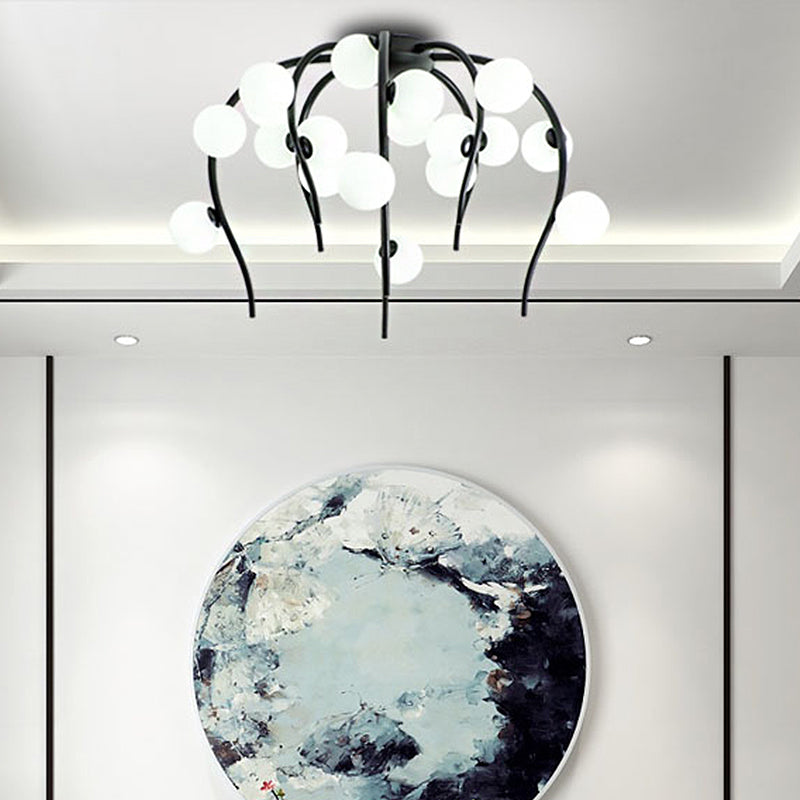 15/20 Lights Living Room Ceiling Flush Mount Globe Milk White Glass Black/Gold Flush Lamp with Weeping Branch Design Clearhalo 'Ceiling Lights' 'Close To Ceiling Lights' 'Close to ceiling' 'Semi-flushmount' Lighting' 218832