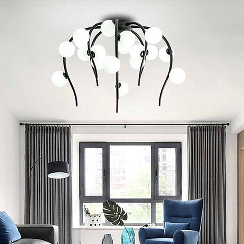 15/20 Lights Living Room Ceiling Flush Mount Globe Milk White Glass Black/Gold Flush Lamp with Weeping Branch Design 20 Clearhalo 'Ceiling Lights' 'Close To Ceiling Lights' 'Close to ceiling' 'Semi-flushmount' Lighting' 218833