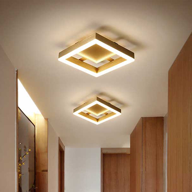 Round/Square Corridor LED Flush Lamp Modern Golden Metal Ceiling Mounted Light in Warm/White Light Gold Square Clearhalo 'Ceiling Lights' 'Close To Ceiling Lights' 'Close to ceiling' 'Semi-flushmount' Lighting' 218889