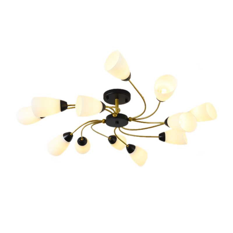 Living Room Curly Floral Semi Flush Mount Modern Milk White Glass 9/12 Lights Ceiling Lighting Fixture in Black/Gold Clearhalo 'Ceiling Lights' 'Close To Ceiling Lights' 'Close to ceiling' 'Glass shade' 'Glass' 'Semi-flushmount' Lighting' 218926