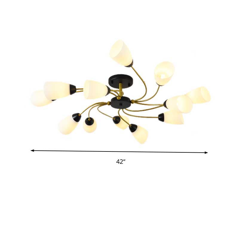 Living Room Curly Floral Semi Flush Mount Modern Milk White Glass 9/12 Lights Ceiling Lighting Fixture in Black/Gold Clearhalo 'Ceiling Lights' 'Close To Ceiling Lights' 'Close to ceiling' 'Glass shade' 'Glass' 'Semi-flushmount' Lighting' 218927