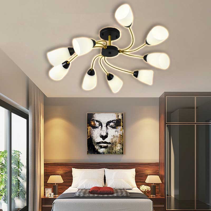 Living Room Curly Floral Semi Flush Mount Modern Milk White Glass 9/12 Lights Ceiling Lighting Fixture in Black/Gold 9 Black Clearhalo 'Ceiling Lights' 'Close To Ceiling Lights' 'Close to ceiling' 'Glass shade' 'Glass' 'Semi-flushmount' Lighting' 218928