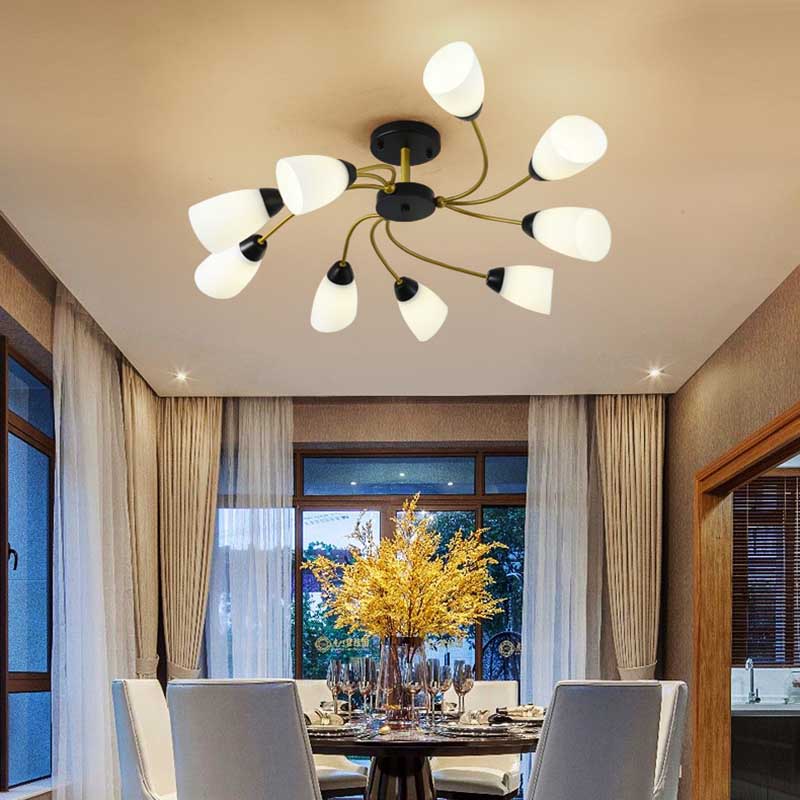 Living Room Curly Floral Semi Flush Mount Modern Milk White Glass 9/12 Lights Ceiling Lighting Fixture in Black/Gold Clearhalo 'Ceiling Lights' 'Close To Ceiling Lights' 'Close to ceiling' 'Glass shade' 'Glass' 'Semi-flushmount' Lighting' 218929