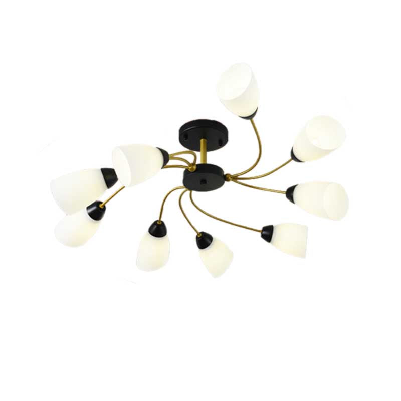 Living Room Curly Floral Semi Flush Mount Modern Milk White Glass 9/12 Lights Ceiling Lighting Fixture in Black/Gold Clearhalo 'Ceiling Lights' 'Close To Ceiling Lights' 'Close to ceiling' 'Glass shade' 'Glass' 'Semi-flushmount' Lighting' 218930