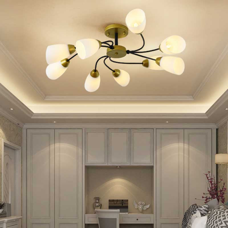 Living Room Curly Floral Semi Flush Mount Modern Milk White Glass 9/12 Lights Ceiling Lighting Fixture in Black/Gold 9 Gold Clearhalo 'Ceiling Lights' 'Close To Ceiling Lights' 'Close to ceiling' 'Glass shade' 'Glass' 'Semi-flushmount' Lighting' 218932