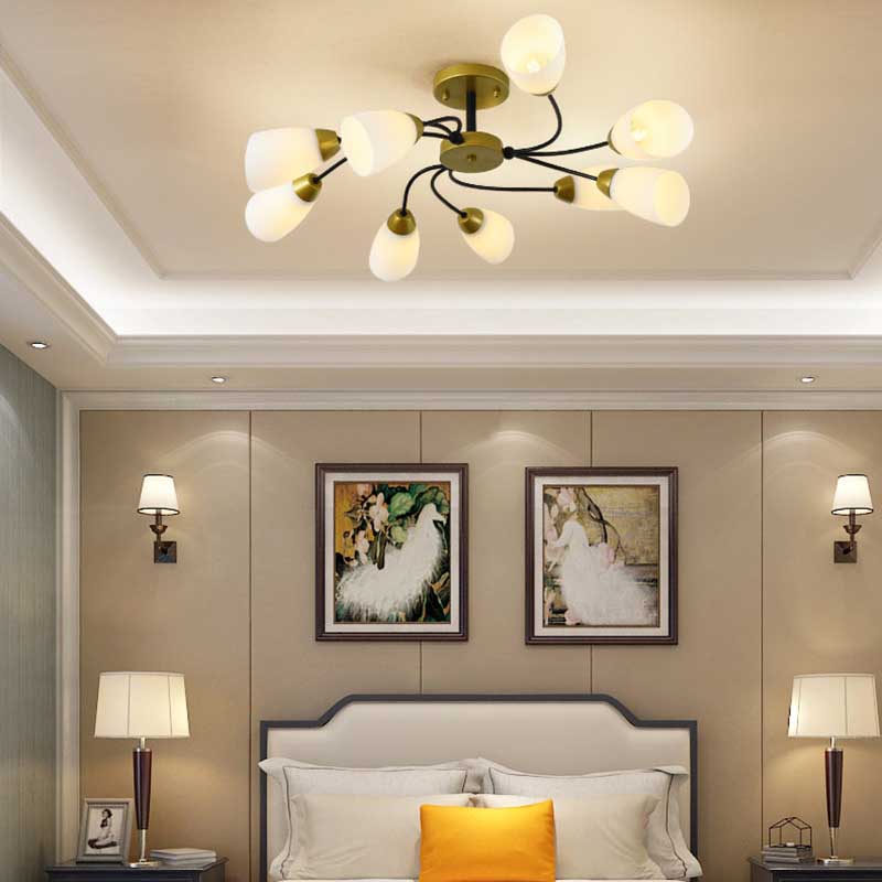 Living Room Curly Floral Semi Flush Mount Modern Milk White Glass 9/12 Lights Ceiling Lighting Fixture in Black/Gold Clearhalo 'Ceiling Lights' 'Close To Ceiling Lights' 'Close to ceiling' 'Glass shade' 'Glass' 'Semi-flushmount' Lighting' 218933