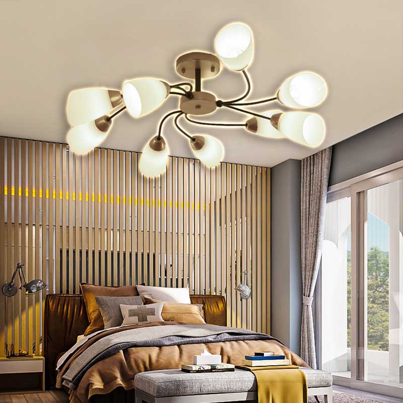 Living Room Curly Floral Semi Flush Mount Modern Milk White Glass 9/12 Lights Ceiling Lighting Fixture in Black/Gold Clearhalo 'Ceiling Lights' 'Close To Ceiling Lights' 'Close to ceiling' 'Glass shade' 'Glass' 'Semi-flushmount' Lighting' 218934