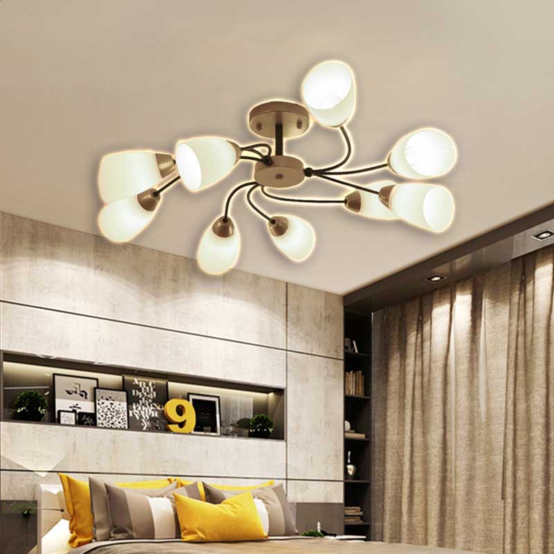 Living Room Curly Floral Semi Flush Mount Modern Milk White Glass 9/12 Lights Ceiling Lighting Fixture in Black/Gold Clearhalo 'Ceiling Lights' 'Close To Ceiling Lights' 'Close to ceiling' 'Glass shade' 'Glass' 'Semi-flushmount' Lighting' 218935