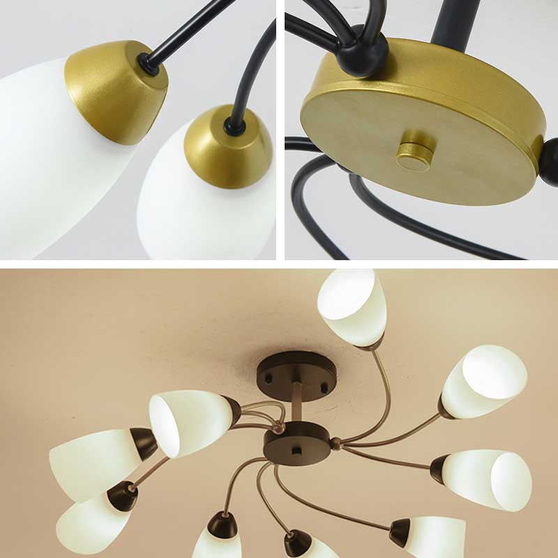 Living Room Curly Floral Semi Flush Mount Modern Milk White Glass 9/12 Lights Ceiling Lighting Fixture in Black/Gold Clearhalo 'Ceiling Lights' 'Close To Ceiling Lights' 'Close to ceiling' 'Glass shade' 'Glass' 'Semi-flushmount' Lighting' 218938