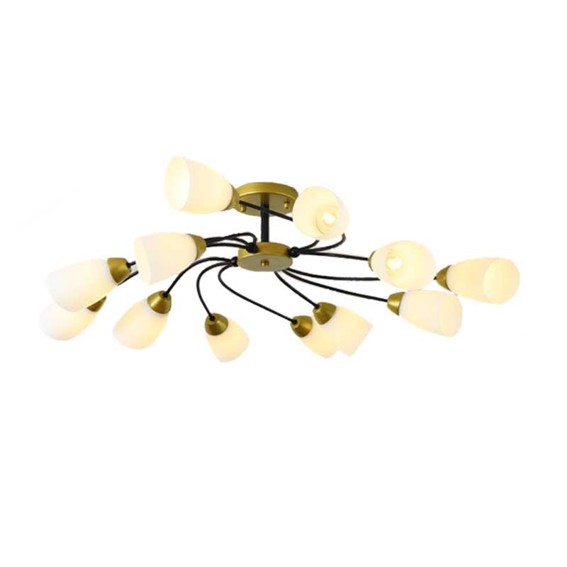 Living Room Curly Floral Semi Flush Mount Modern Milk White Glass 9/12 Lights Ceiling Lighting Fixture in Black/Gold 12 Gold Clearhalo 'Ceiling Lights' 'Close To Ceiling Lights' 'Close to ceiling' 'Glass shade' 'Glass' 'Semi-flushmount' Lighting' 218939