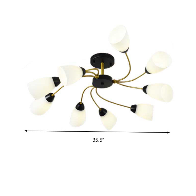 Living Room Curly Floral Semi Flush Mount Modern Milk White Glass 9/12 Lights Ceiling Lighting Fixture in Black/Gold Clearhalo 'Ceiling Lights' 'Close To Ceiling Lights' 'Close to ceiling' 'Glass shade' 'Glass' 'Semi-flushmount' Lighting' 218941