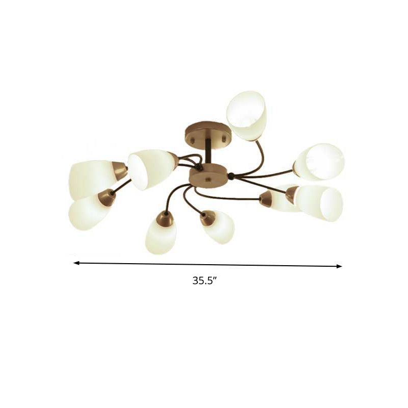 Living Room Curly Floral Semi Flush Mount Modern Milk White Glass 9/12 Lights Ceiling Lighting Fixture in Black/Gold Clearhalo 'Ceiling Lights' 'Close To Ceiling Lights' 'Close to ceiling' 'Glass shade' 'Glass' 'Semi-flushmount' Lighting' 218942