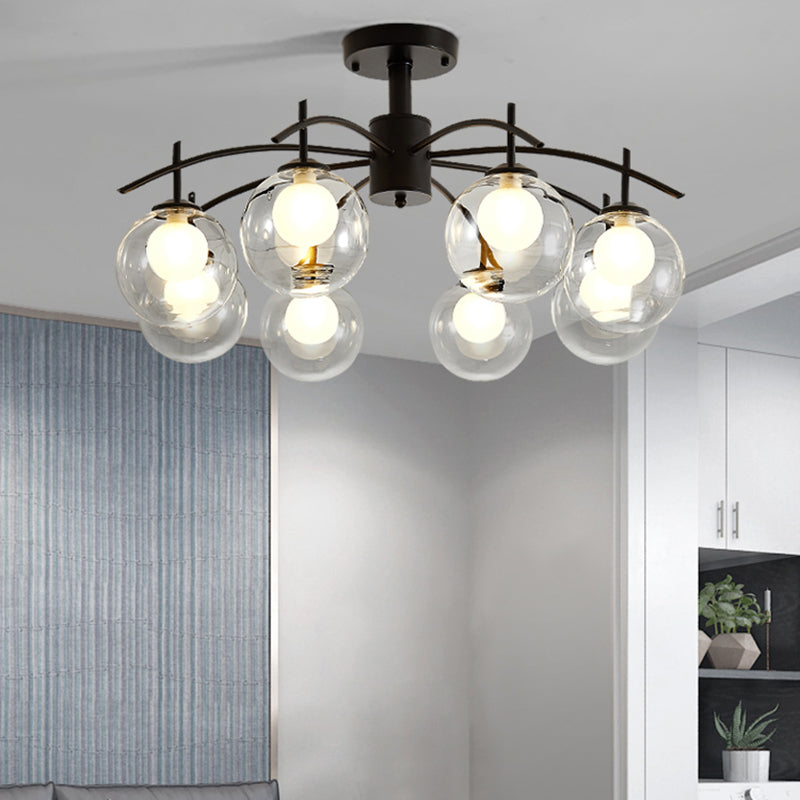 Clear Glass Ball Semi Flush Light Contemporary 3/5/6-Light Living Room Ceiling Flush Mount Chandelier in Black Clearhalo 'Ceiling Lights' 'Close To Ceiling Lights' 'Close to ceiling' 'Glass shade' 'Glass' 'Semi-flushmount' Lighting' 219003