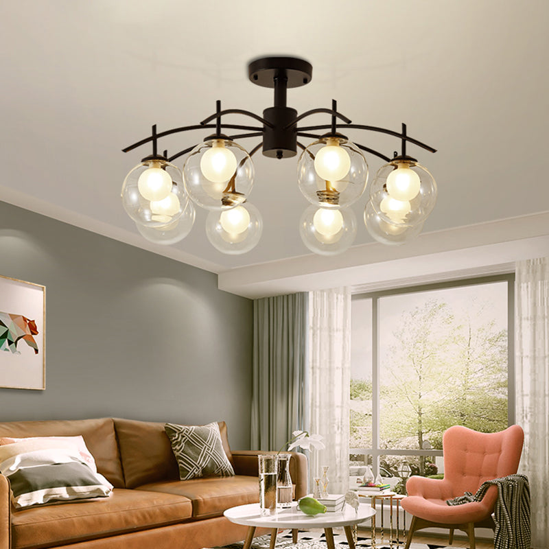 Clear Glass Ball Semi Flush Light Contemporary 3/5/6-Light Living Room Ceiling Flush Mount Chandelier in Black 8 Black Clearhalo 'Ceiling Lights' 'Close To Ceiling Lights' 'Close to ceiling' 'Glass shade' 'Glass' 'Semi-flushmount' Lighting' 219004
