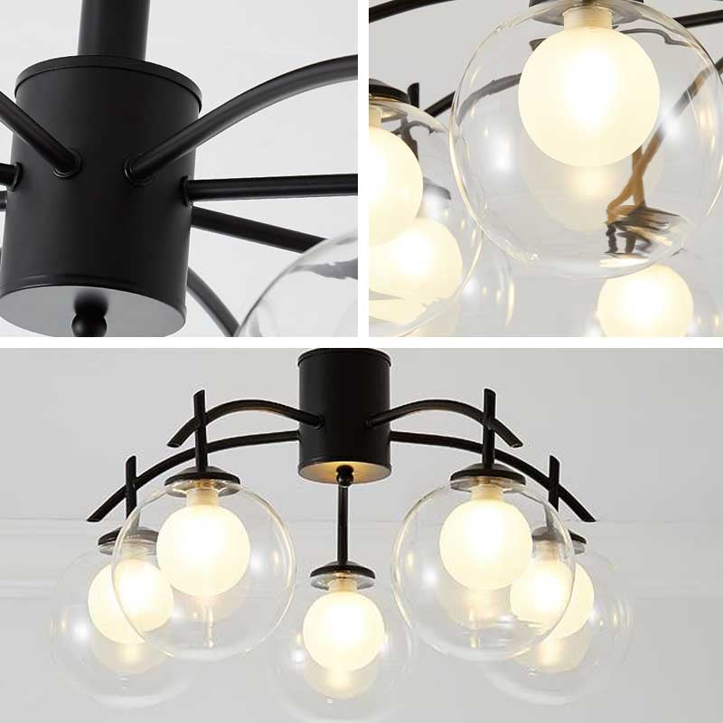 Clear Glass Ball Semi Flush Light Contemporary 3/5/6-Light Living Room Ceiling Flush Mount Chandelier in Black Clearhalo 'Ceiling Lights' 'Close To Ceiling Lights' 'Close to ceiling' 'Glass shade' 'Glass' 'Semi-flushmount' Lighting' 219007
