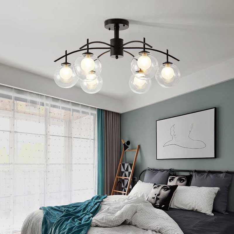 Clear Glass Ball Semi Flush Light Contemporary 3/5/6-Light Living Room Ceiling Flush Mount Chandelier in Black 6 Black Clearhalo 'Ceiling Lights' 'Close To Ceiling Lights' 'Close to ceiling' 'Glass shade' 'Glass' 'Semi-flushmount' Lighting' 219008