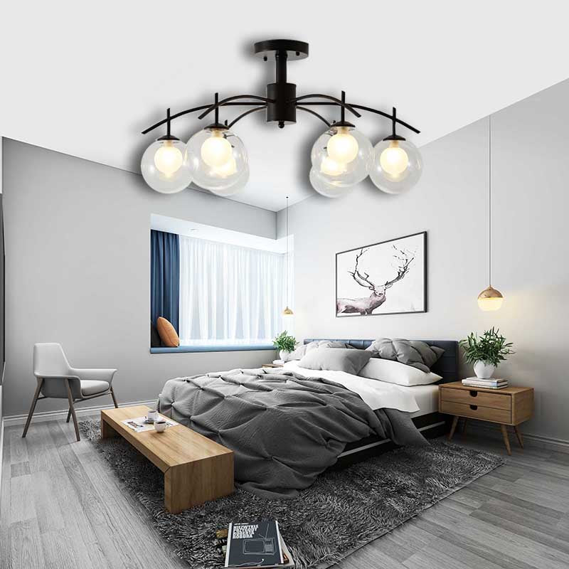 Clear Glass Ball Semi Flush Light Contemporary 3/5/6-Light Living Room Ceiling Flush Mount Chandelier in Black Clearhalo 'Ceiling Lights' 'Close To Ceiling Lights' 'Close to ceiling' 'Glass shade' 'Glass' 'Semi-flushmount' Lighting' 219009
