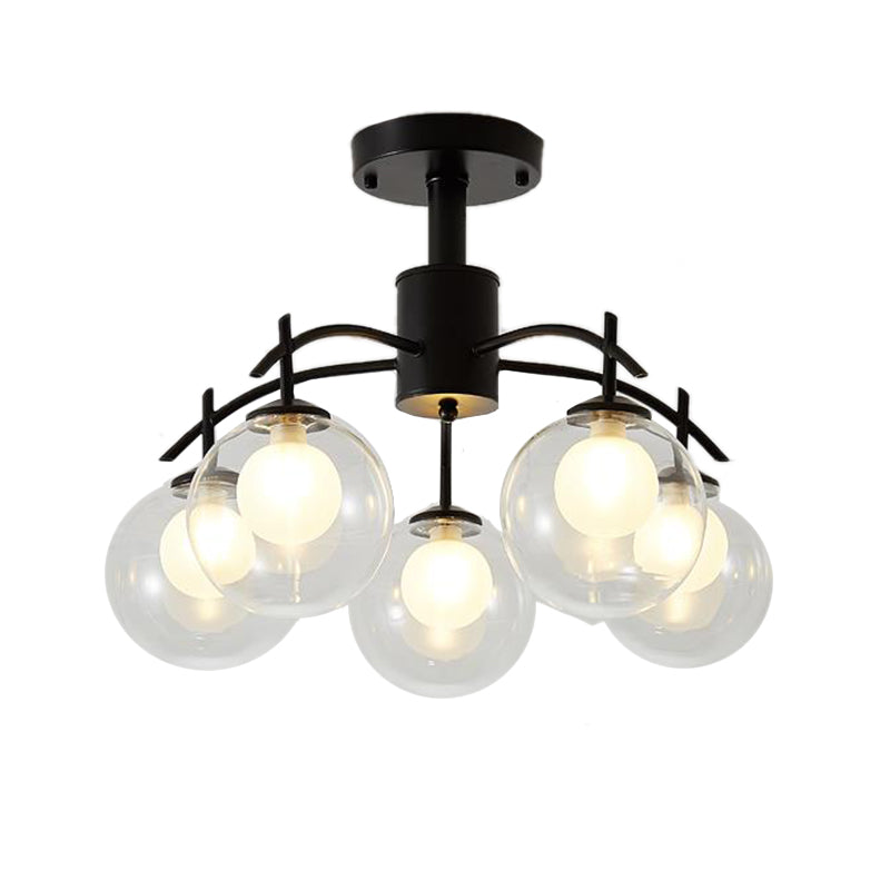 Clear Glass Ball Semi Flush Light Contemporary 3/5/6-Light Living Room Ceiling Flush Mount Chandelier in Black Clearhalo 'Ceiling Lights' 'Close To Ceiling Lights' 'Close to ceiling' 'Glass shade' 'Glass' 'Semi-flushmount' Lighting' 219014