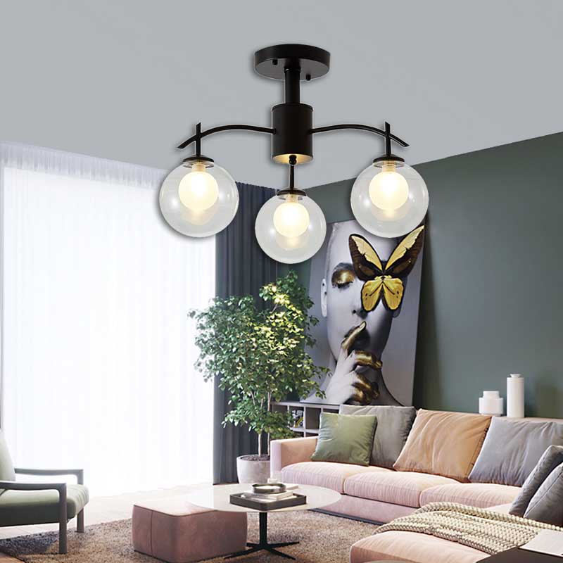 Clear Glass Ball Semi Flush Light Contemporary 3/5/6-Light Living Room Ceiling Flush Mount Chandelier in Black Clearhalo 'Ceiling Lights' 'Close To Ceiling Lights' 'Close to ceiling' 'Glass shade' 'Glass' 'Semi-flushmount' Lighting' 219016