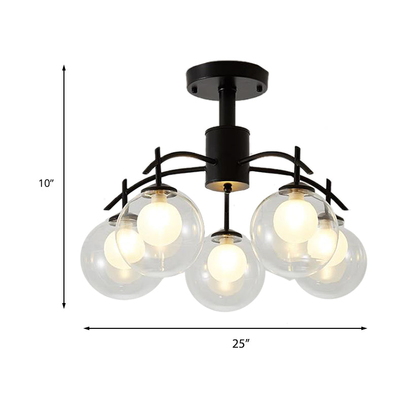 Clear Glass Ball Semi Flush Light Contemporary 3/5/6-Light Living Room Ceiling Flush Mount Chandelier in Black Clearhalo 'Ceiling Lights' 'Close To Ceiling Lights' 'Close to ceiling' 'Glass shade' 'Glass' 'Semi-flushmount' Lighting' 219018