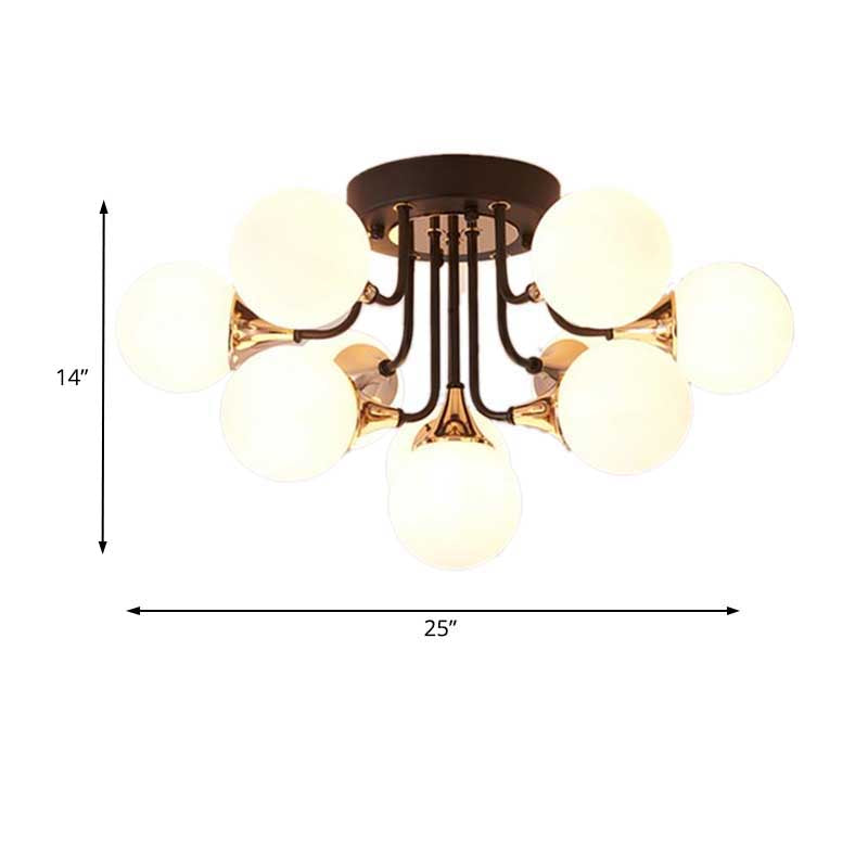 6/10/13 Lights Corridor Semi Flush Chandelier Milk White Glass Shaded Sphere Ceiling Mounted Light in Black Clearhalo 'Ceiling Lights' 'Close To Ceiling Lights' 'Close to ceiling' 'Glass shade' 'Glass' 'Semi-flushmount' Lighting' 219030